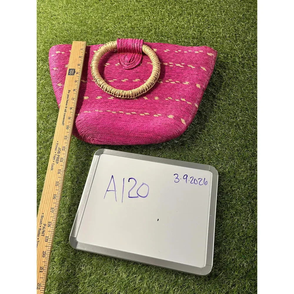 Pink Straw Handbag with Circular Handles‎ Beach Coastal Summer Spring